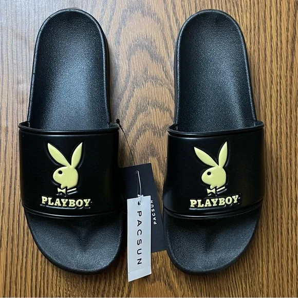 PacSun Black and Yellow Sandals with Playboy Logo - Picture 1 of 5